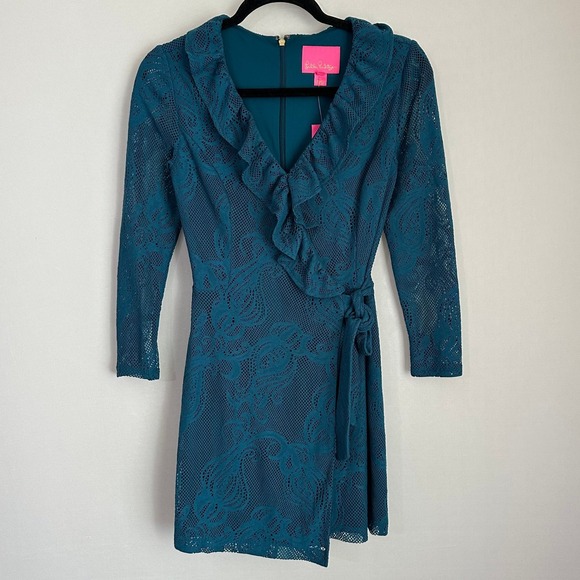 NWT Lilly Pulitzer Tiki Wrap Ruffle Romper Crochet Lace Long Sleeve Teal Blue XS - Picture 2 of 13